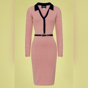 Collectif Lorelei Retro Knit Pencil Dress Pink Navy UK 12/US 8 M *No Belt*